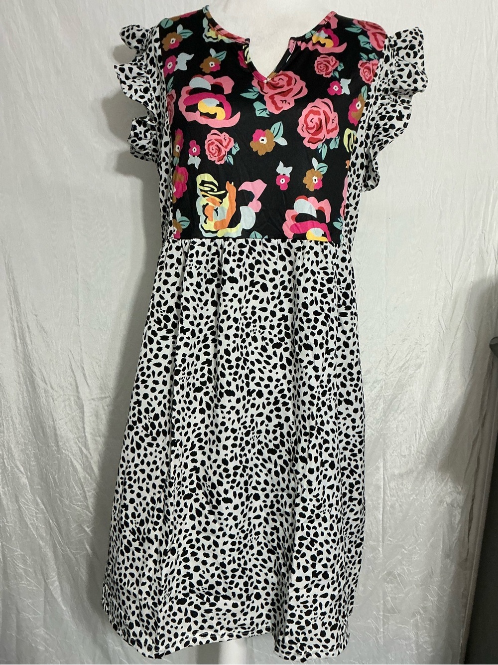 Black Floral Bodice Casual Dress with Dalmatian Print